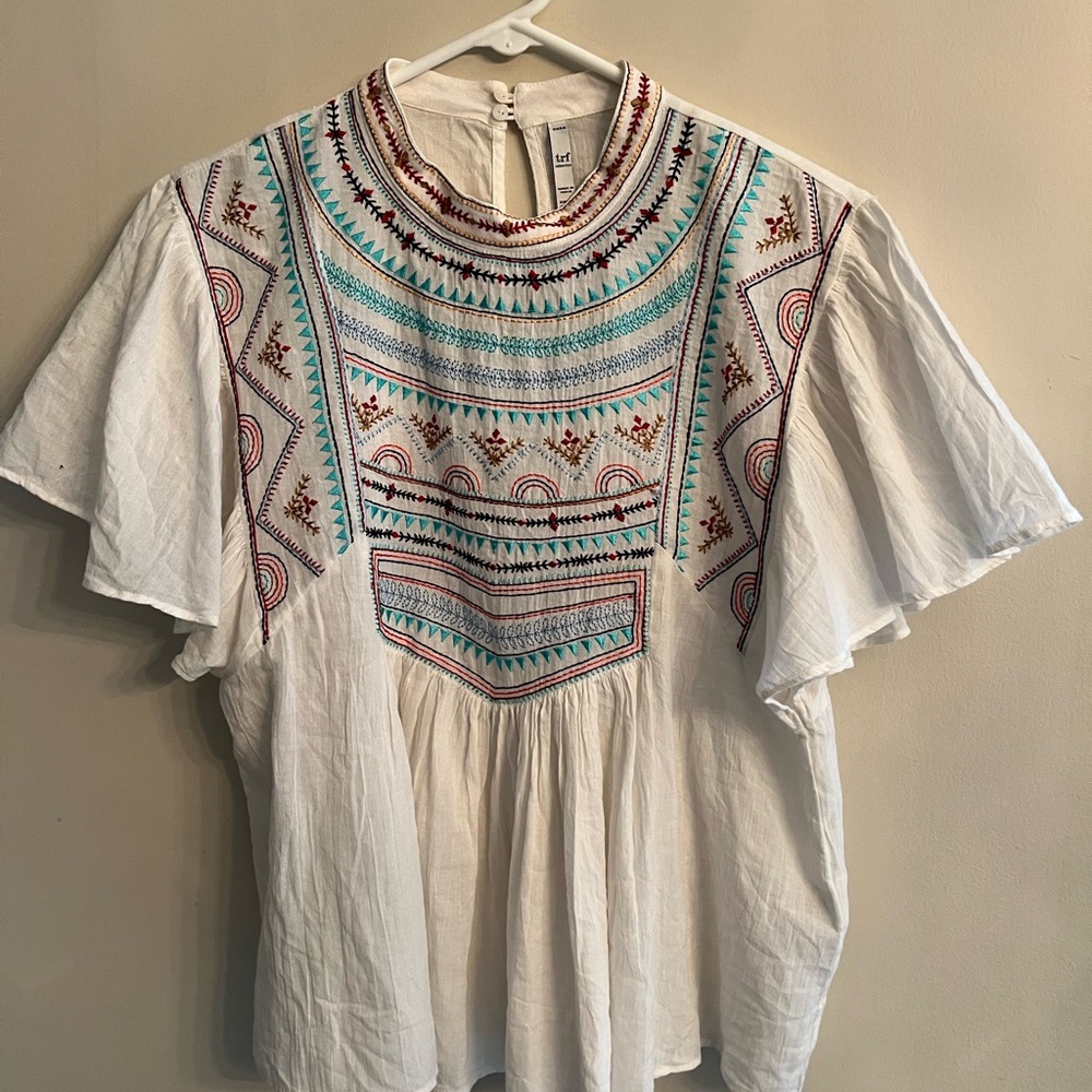 Zara White Blouse with Colorful Embroidery